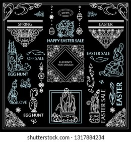 Vector elements for frames, borders, squares, dividers. Eastern, spring black and white arts. Vintage signs, symbols, corners, arrows templates for design. Chalkboard set 5 from 9
