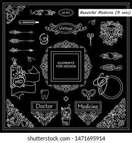 Vector elements for frames, borders, squares, dividers, consist from human organs (lungs, hearts, teeth, uterus), medical tools (scissors, scalpel, stethoscope). Chalkboard style, new arts in each set