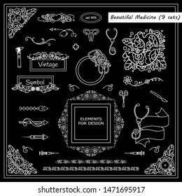 Vector elements for frames, borders, squares, dividers, consist from human organs (lungs, hearts, teeth, uterus), medical tools (scissors, scalpel, stethoscope). Chalkboard style, new arts in each set