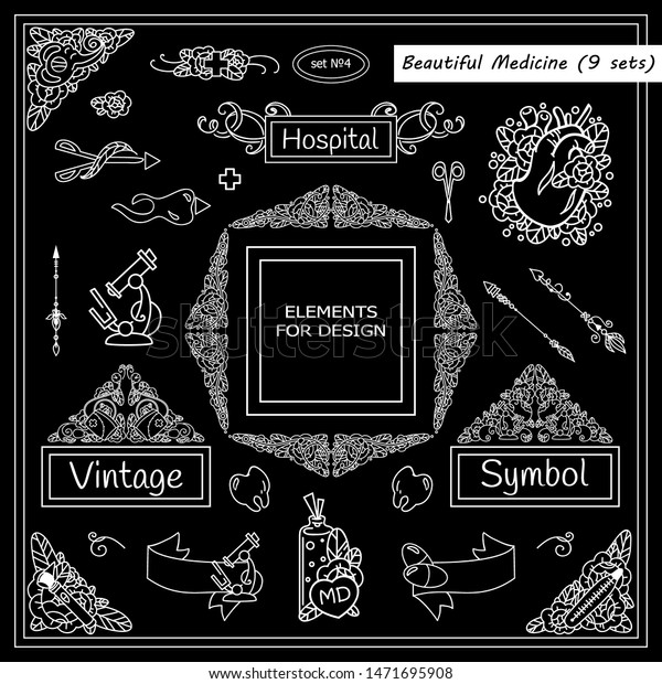 Vector elements for frames, borders, squares,\
dividers, consist from human organs (lungs, hearts, teeth, uterus),\
medical tools (scissors, scalpel, stethoscope). Chalkboard style,\
new arts in each set