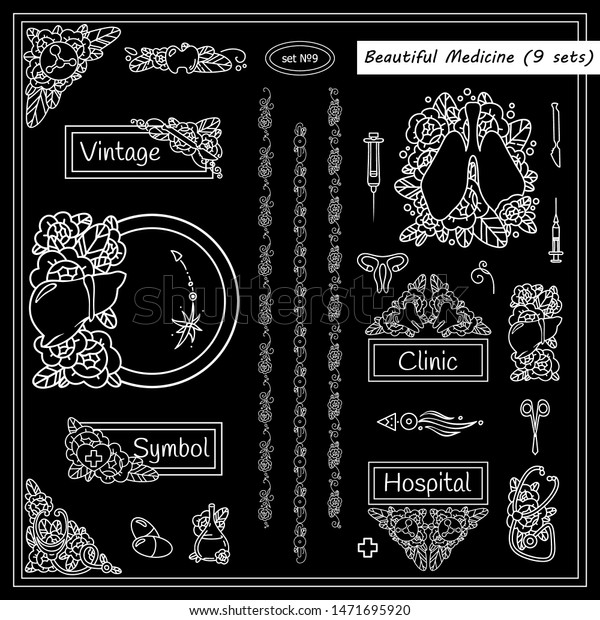 Vector elements for frames, borders, squares,\
dividers, consist from human organs (lungs, hearts, teeth, uterus),\
medical tools (scissors, scalpel, stethoscope). Chalkboard style,\
new arts in each set
