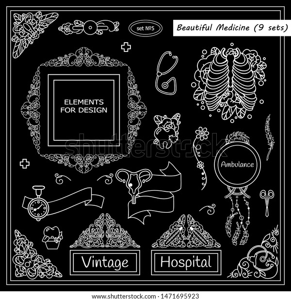 Vector elements for frames, borders, squares,
dividers, consist from human organs (lungs, hearts, teeth, uterus),
medical tools (scissors, scalpel, stethoscope). Chalkboard style,
new arts in each set