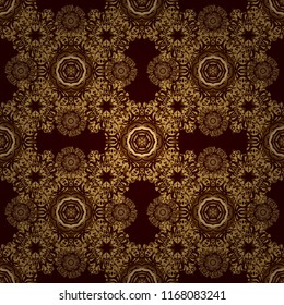 Vector elements for golden templates. Golden floral seamless pattern on brown. Luxury ornament in Eastern style. Ornate decor for invitations, greeting cards, labels, badges, tags.