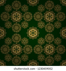 Vector elements for golden templates. Golden floral seamless pattern on green. Ornate decor for invitations, greeting cards, labels, badges, tags. Luxury ornament in Eastern style.