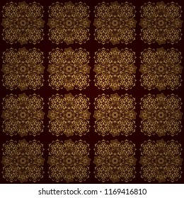 Vector elements for golden templates. Ornate decor for invitations, greeting cards, labels, badges, tags. Golden floral seamless pattern on brown. Luxury ornament in Eastern style.