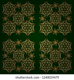 Vector elements for golden templates. Ornate decor for invitations, greeting cards, labels, badges, tags. Golden floral seamless pattern on green. Luxury ornament in Eastern style.