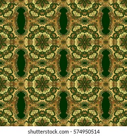 Vector elements for golden templates. Ornate decor for invitations, greeting cards, labels, badges, tags. Luxury ornament in Eastern style. Golden floral seamless pattern on green.