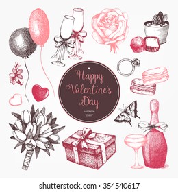 Vector elements for greeting card or invitation with ink hand drawn valentine's day illustration. Vintage valentine's day sketch collection