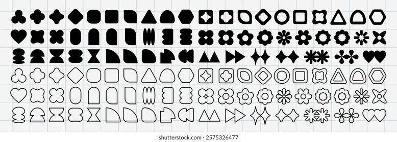 Vector elements. A grid of abstract shapes, featuring circles, squares, and triangles. The shapes vary in design, creating a diverse collection of abstract shapes. Black shapes, vector element set.