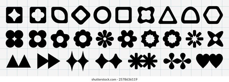 Vector elements. A grid of black geometric shapes, including circles, triangles, and stars. Geometric shapes arranged in rows. Shapes vary in design and size. Black shapes, vector element set.