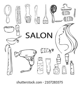 vector Elements of hairdressing hair Dryer Curling Iron Brushes Combs Hairpins Curlers Hair Dye Hair Masks Shampoo Girl with Hairstyle