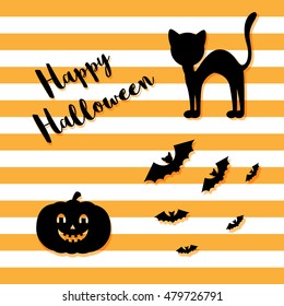 Vector elements for Halloween. Pumpkin, bat, black cat on an orange stripes background. Can be used as a poster, flyer, postcard.