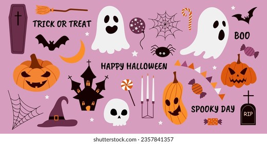 Vector elements for Halloween: pumpkins, ghosts, castle, grave, coffin, broom, candy, phrases. Suitable for scrapbooking, greeting card, party invitation, poster, sticker. Hand drawn style.