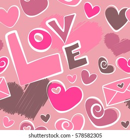 Vector elements: heart, love text and letter. Valentines day seamless doodles pattern. Handwritten inscriptions on a pink background. Hand drawn seamless pattern.