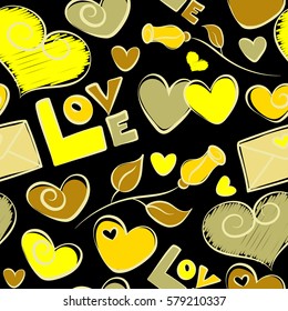 Vector elements: heart, love text, flower and letter in yellow and beige colors. Handwritten inscriptions on a black background. Hand drawn seamless pattern. Valentines day seamless doodles pattern.