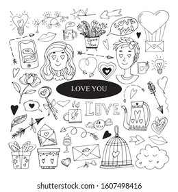 Vector elements of hearts, arrows, characters, birdcage, envelope, cups, candies and light bulbs for decoration and design of printing, textiles, cards, coloring books, paper and any ideas