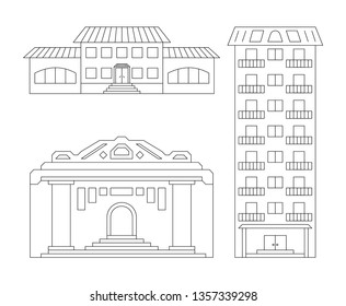 Vector elements icons of urban modern buildings from simple outlines on an isolated light background.