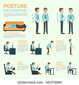 Vector elements of improving your posture. Sitting properly at the table, lift goods, drive, correct posture at the table. Concept of long and healthy life