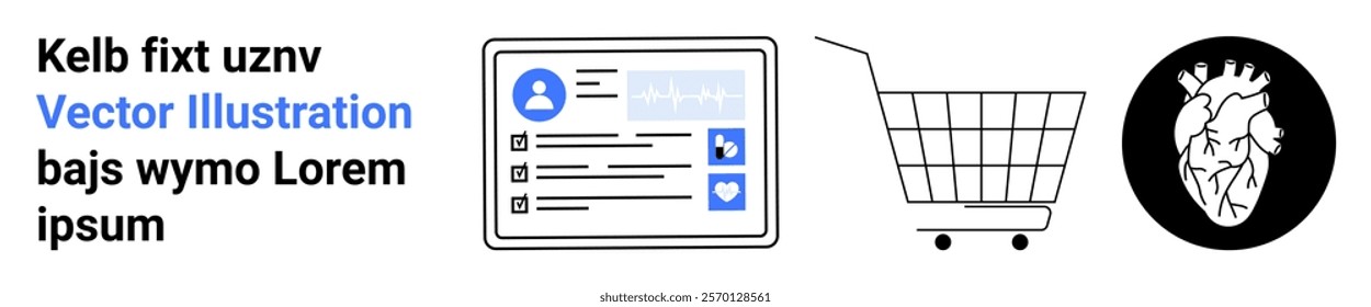 Vector elements include a profile card with user information and icons, a shopping cart, and a stylized heart icon. Ideal for web design, e-commerce, medical themes, user profiles, and graphics