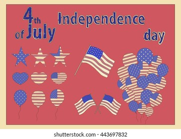 Vector elements for independence day of the USA. Symbols of the USA independence day and celebration in vintage style