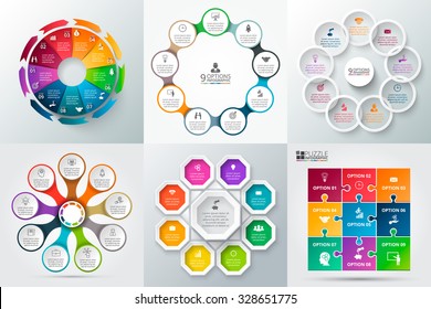 Vector elements for infographic. Template for cycle diagram, graph, presentation and round chart. Business concept with 9 options, parts, steps or processes. Abstract background.