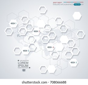 Vector elements for infographic. Template for diagram, graph, presentation and chart on abstract technology background with world map and hexagons.