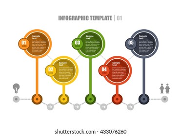 Vector elements of infographics enclosed in colored circles with arrows on white background. Five consecutive steps, options, parts or processes 1.1
