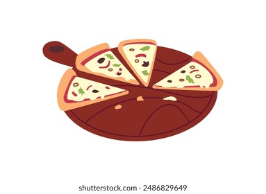 Vector elements of an Italian dinner. Illustration of four slices of pizza with pepperoni, cheese and herbs on a platter with a handle on a white background