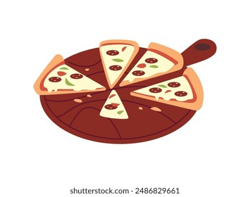 Vector elements of an Italian dinner. Illustration of pizza slices with pepperoni, cheese and herbs on a platter with a handle on a white background