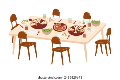 Vector elements of an Italian dinner. Illustration of slices of pizza with pepperoni, cheese and herbs, as well as salad and drinks on the dining table