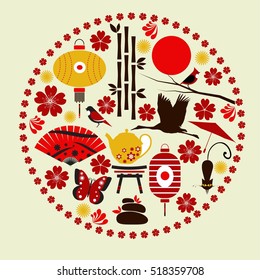 Vector elements of Japanese culture in the center of the flower circle