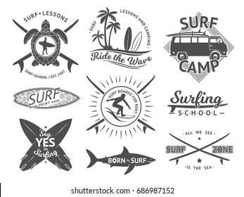 Vector elements for labels or badges. Surfing, hawaii surfboard and sea. Monochrome illustration set