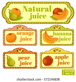 Vector elements. Labels, natural juice. Orange, banana, pear, apple