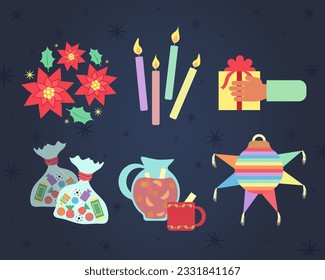 Vector. Elements of las posadas in Mexico. Traditional religious celebration prior to Christmas.