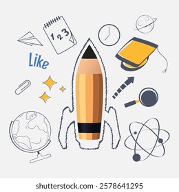 vector elements of learning equipment for school and learning concept designs featuring elements of stationery and other school tools as well as elements of outer space objects