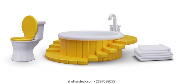 Vector elements of luxury bathroom, spa salon. Round bath with steps, toilet with gold seat, soft white towel. Concept of cleanliness, hygiene, relaxation. Isolated images