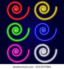 Vector elements multicolored neon spirals for graphic designers. Glowing neon in the shape of a snail