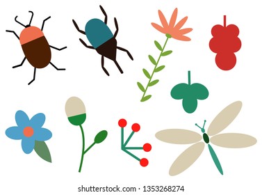 Vector elements of nature: bugs, insects, flowers, leaves, berries.