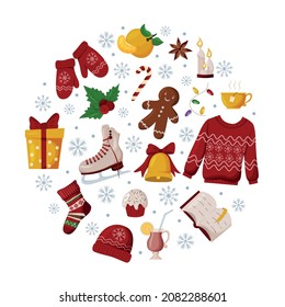 Vector elements of the New Year and Christmas, arranged in the shape of a ball. Everything related to the winter season. Design element