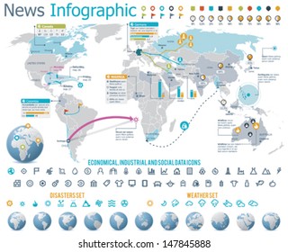 Vector elements for news infographic. Set Includes World map, Earth globes showing different parts of the planet and related icons