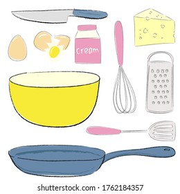 Vector elements for an omelet, cookbook with eggs, cheese, and kitchen tools 