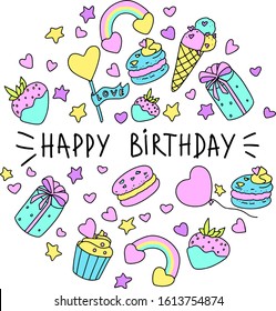 Vector elements on white background for happy Birthday. Can use for greeting card. With strawberries, macaroons, balloons, presents, rainbow and other cute elements.