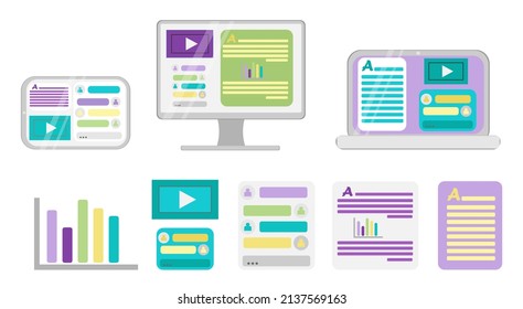Vector elements for online training and courses, digital class, webinar. Computer, tablet, laptop, infographics for creating presentations. For use in advertising, banners, backgrounds, stickers.