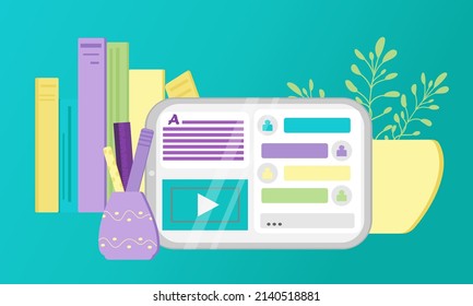 Vector elements for online training and courses, digital classroom, webinar. Tablet screen with training, infographics for creating presentations. For use in advertising, banners, background, sticker.