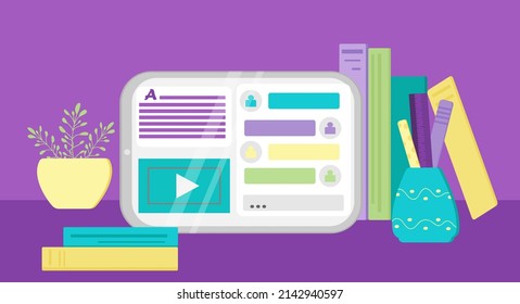 Vector elements for online training and courses, digital classroom, webinar. Tablet screen with training, infographics for creating presentations. For use in advertising, banners, background, sticker.