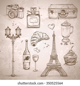 Vector elements of Paris with Eiffel Tower, perfume, Mademoiselle, cake, wine, croissant