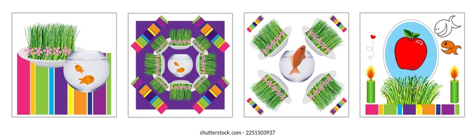 Vector elements for Persian new year, Haft Seen, green grass, goldfish, candle, mirror, apple. Happy Nowruz, Nowruz is the first day of spring and the beginning of new year in Persian calendar.