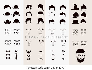 vector elements of a person's face with glasses hair mustache beard eyes nose and mouth