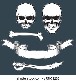 Vector Elements for pirate sign. Skull, Jaw-less Skull, Bone, Scroll and Sword on separate well defined layers and groups. Each color on Swatches as Global Color for easy editing.