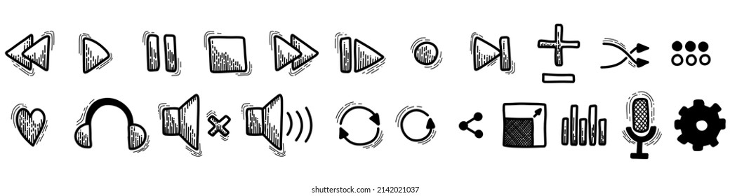 Vector elements. Play buttons in sketchy doodle style. Stop, sound volume, repeat media player buttons icons. Signs for audio regulation. 